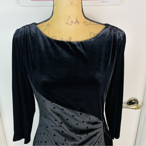 Tahari 6P Black Midi Dress Woman Dots 3/4 Sleeve Rhinestone Evening Party Velvet - Picture 4 of 14